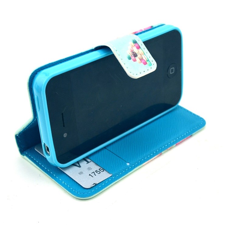 For iPhone 4 4s Protective PU Leather Wallet Shell Stand - Macarons-5