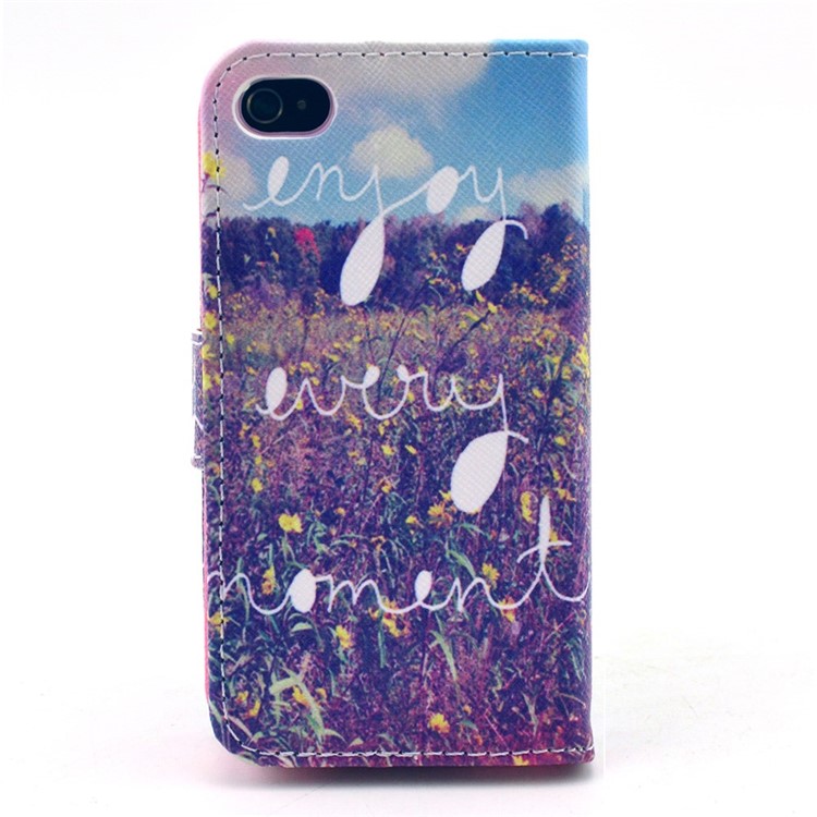 Wallet Leather Case with Stand for iPhone 4 4s - Enjoy Every Moment & Flowers-2
