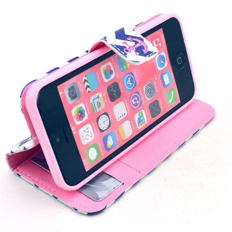 Chevron & Anchor Pattern Leather Magnetic Case Cover for iPhone 5c w/ Stand-4