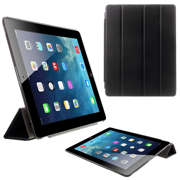 For The New iPad Four-fold Stand Smart Leather Cover and Back Companion PC Case - Black-1