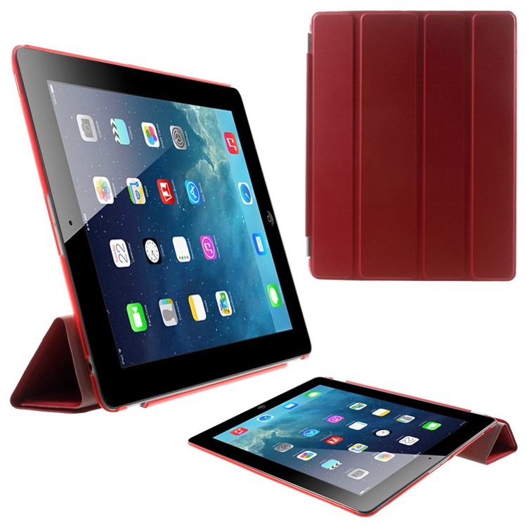 For The New iPad Four-fold Stand Smart Leather Cover and Back Companion PC Case - Red-1