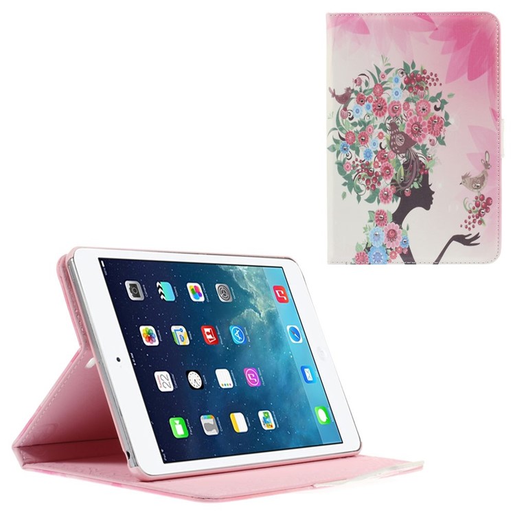 Flip Leather Stand Case for iPad Mini 1 / 2 / 3 - Rhinestone Flowered Girl with Birds-1