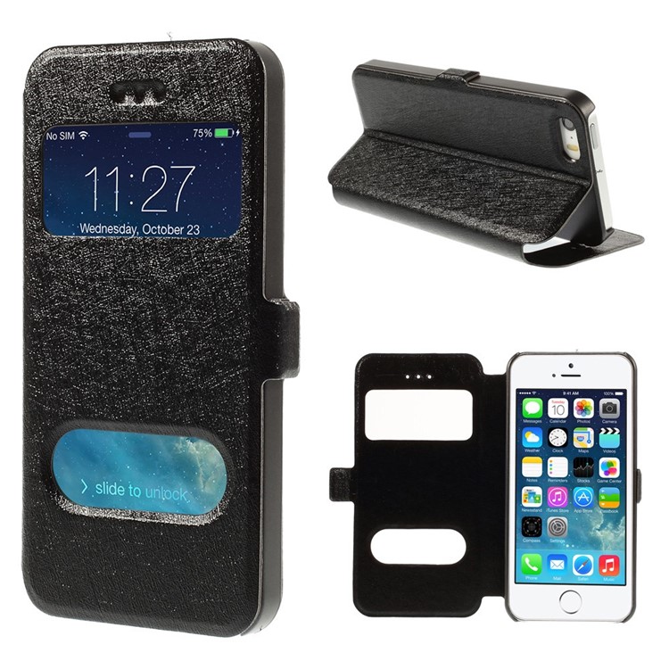Silk Texture Dual View Window Leather Case for iPhone SE 5s 5 with Stand - Black-1