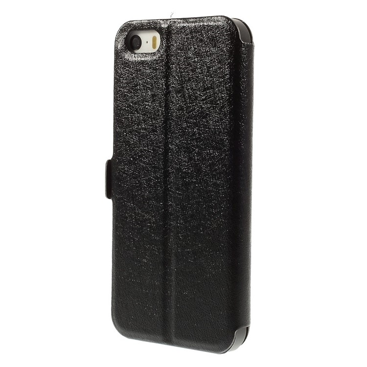 Silk Texture Dual View Window Leather Case for iPhone SE 5s 5 with Stand - Black-2