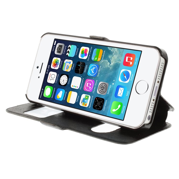 Silk Texture Dual View Window Leather Case for iPhone SE 5s 5 with Stand - Black-4