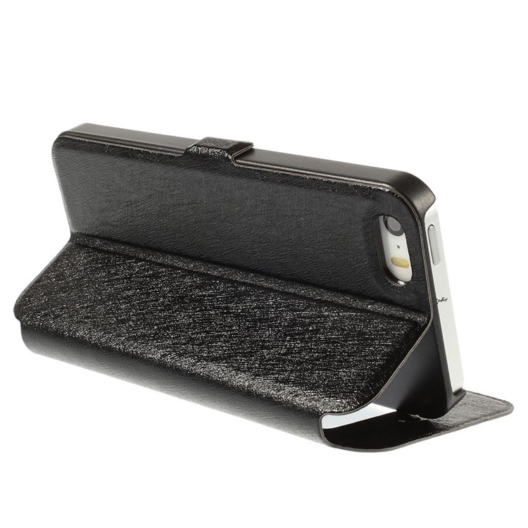 Silk Texture Dual View Window Leather Case for iPhone SE 5s 5 with Stand - Black-5