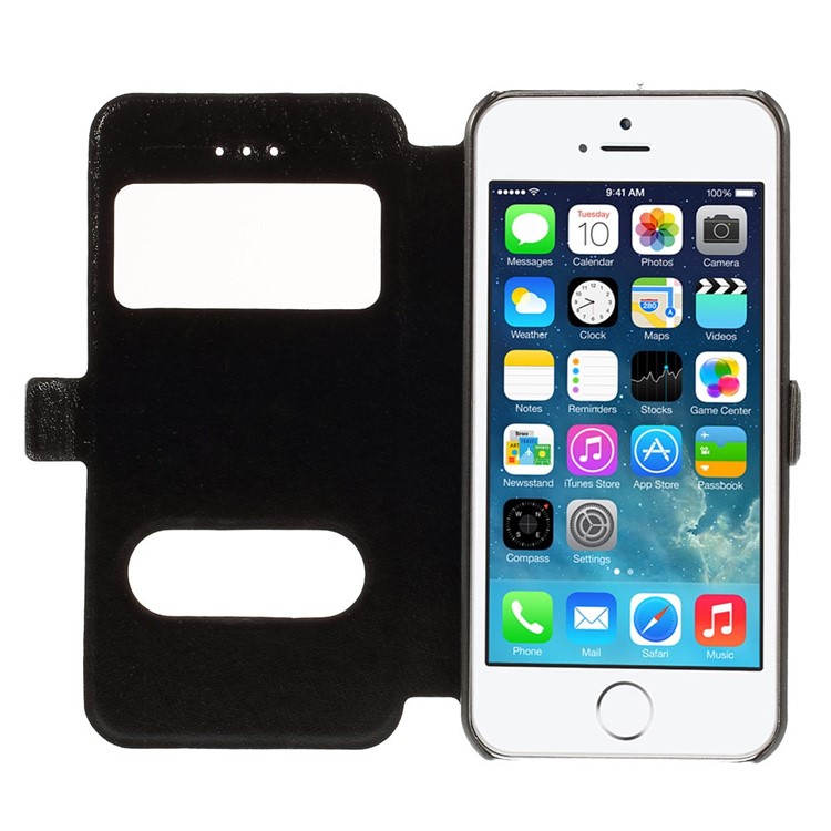 Silk Texture Dual View Window Leather Case for iPhone SE 5s 5 with Stand - Black-6