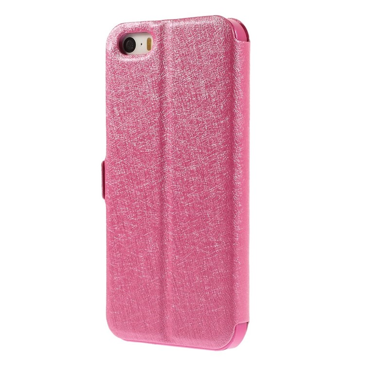 Silk Texture Dual View Window Leather Cover for iPhone SE 5s 5 with Stand - Rose-2