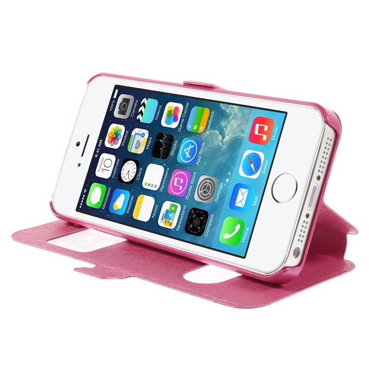 Silk Texture Dual View Window Leather Cover for iPhone SE 5s 5 with Stand - Rose-4