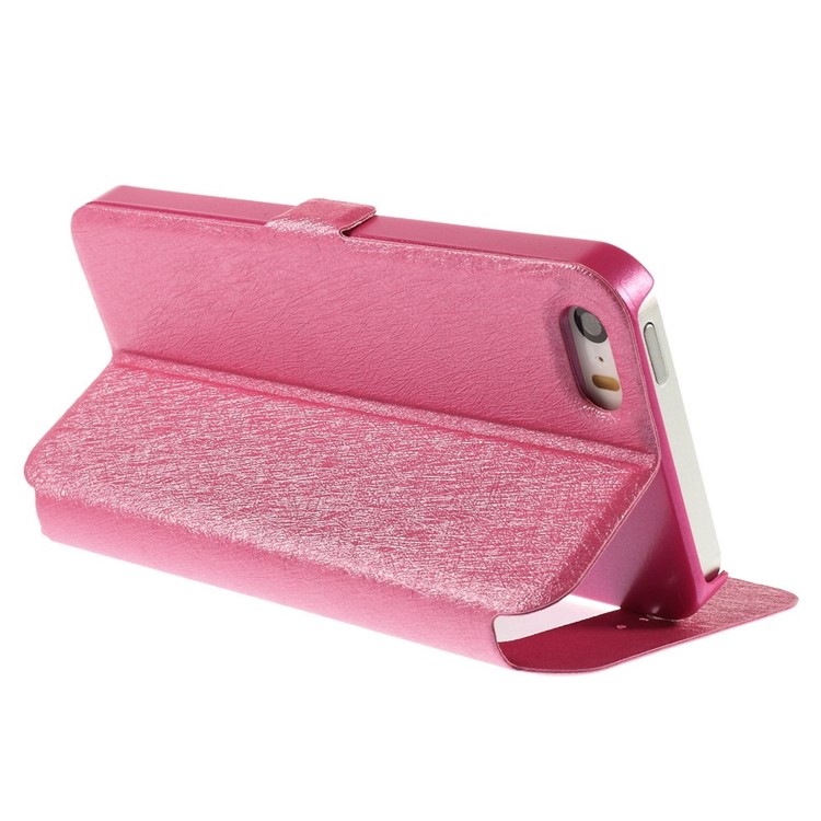 Silk Texture Dual View Window Leather Cover for iPhone SE 5s 5 with Stand - Rose-5