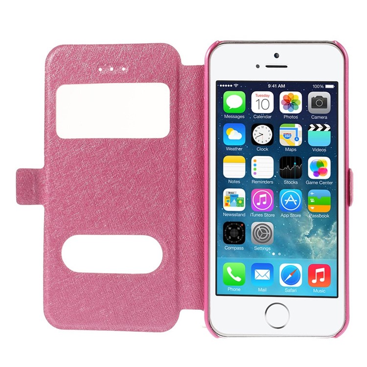 Silk Texture Dual View Window Leather Cover for iPhone SE 5s 5 with Stand - Rose-6