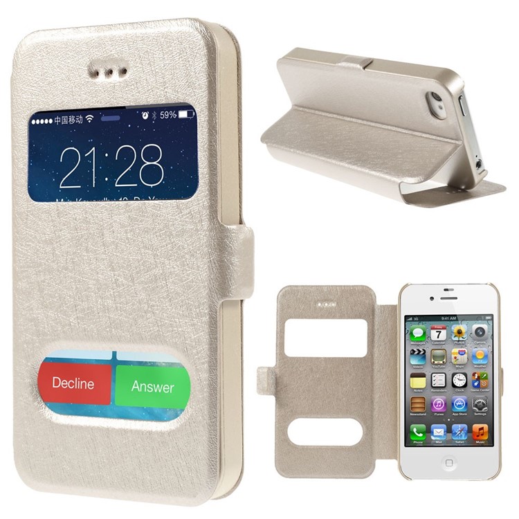 Silk Texture Dual View Windows Leather Stand Shell for iPhone 4s 4 - Champagne-1