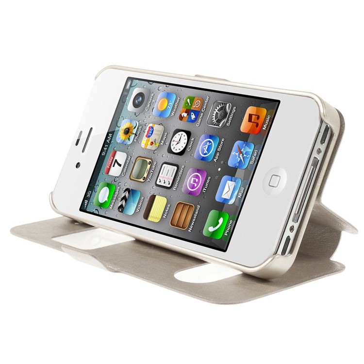 Silk Texture Dual View Windows Leather Stand Shell for iPhone 4s 4 - Champagne-4