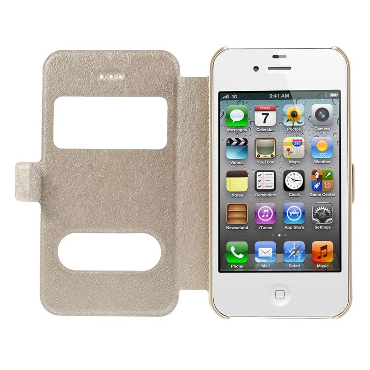 Silk Texture Dual View Windows Leather Stand Shell for iPhone 4s 4 - Champagne-6
