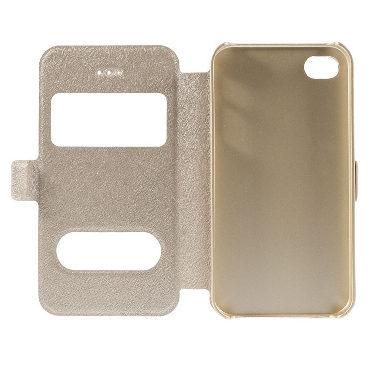 Silk Texture Dual View Windows Leather Stand Shell for iPhone 4s 4 - Champagne-9