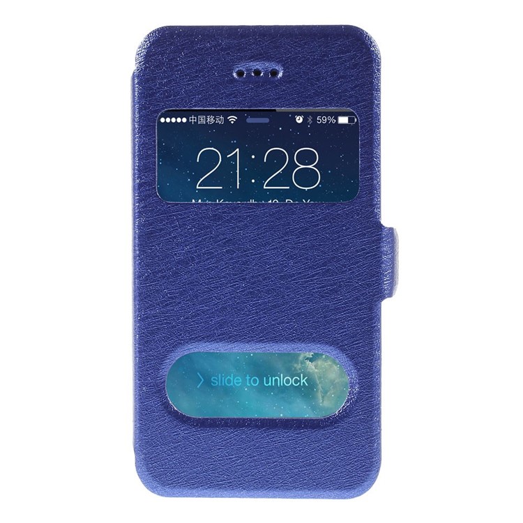 Silk Texture Dual View Windows Leather Cover Stand for iPhone 4s 4 - Blue-3