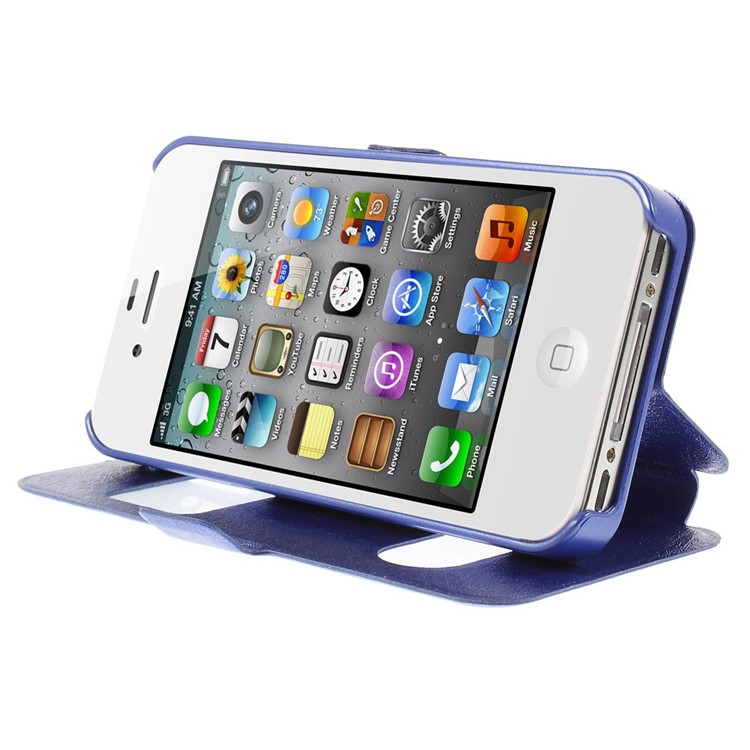Silk Texture Dual View Windows Leather Cover Stand for iPhone 4s 4 - Blue-4
