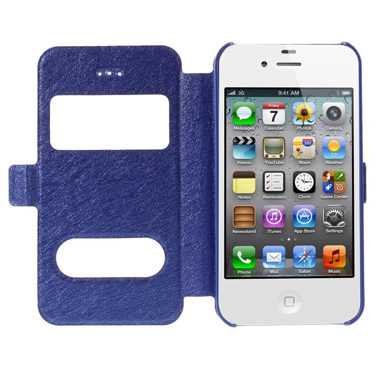 Silk Texture Dual View Windows Leather Cover Stand for iPhone 4s 4 - Blue-6