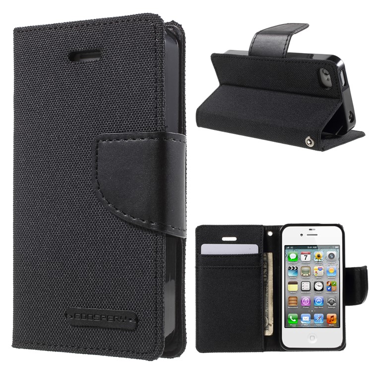 MERCURY GOOSPERY Canvas Diary Leather Case for iPhone 4s / 4 with Stand - Black-1