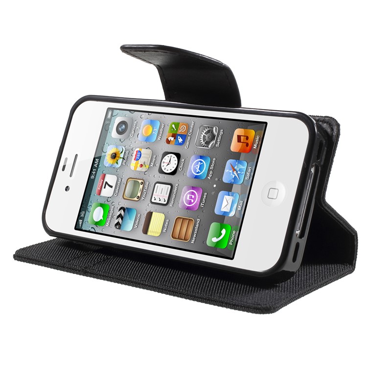 MERCURY GOOSPERY Canvas Diary Leather Case for iPhone 4s / 4 with Stand - Black-3