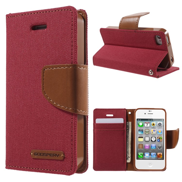 MERCURY GOOSPERY Canvas Diary Leather Shell for iPhone 4s / 4 with Stand - Red-1