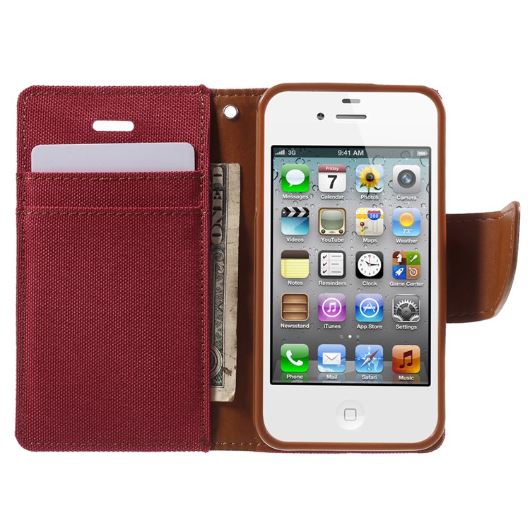 MERCURY GOOSPERY Canvas Diary Leather Shell for iPhone 4s / 4 with Stand - Red-5