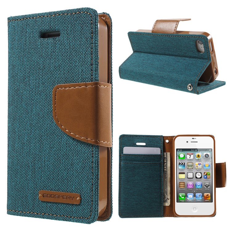 MERCURY GOOSPERY Canvas Diary Leather Cover for iPhone 4s / 4 with Stand - Green-1