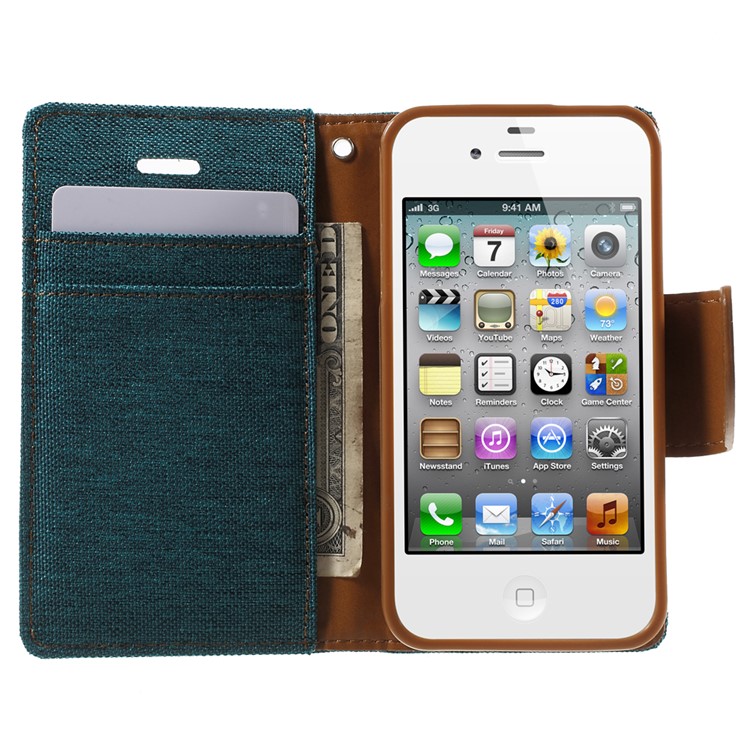 MERCURY GOOSPERY Canvas Diary Leather Cover for iPhone 4s / 4 with Stand - Green-5