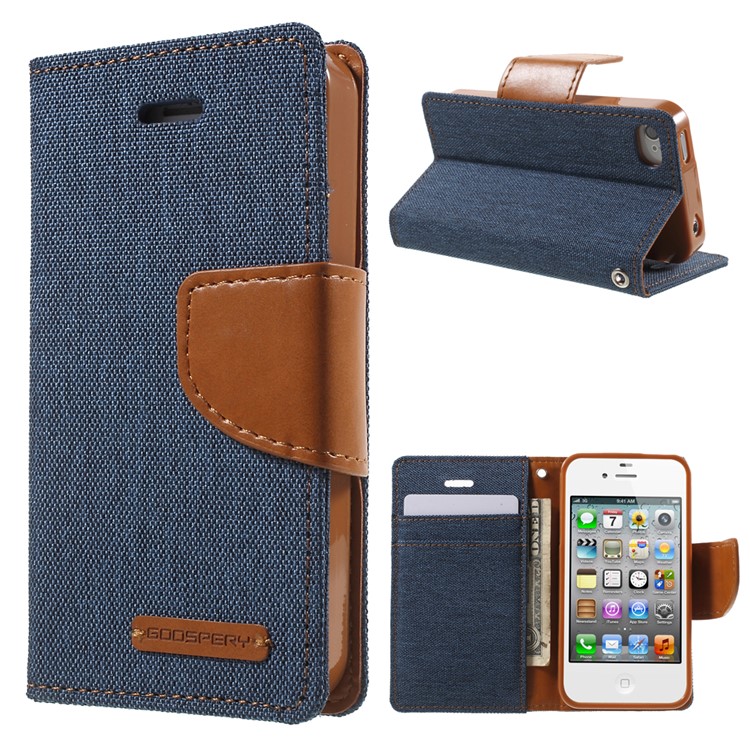 MERCURY GOOSPERY Canvas Diary Leather Cover for iPhone 4s / 4 with Stand - Dark Blue-1