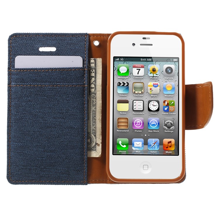 MERCURY GOOSPERY Canvas Diary Leather Cover for iPhone 4s / 4 with Stand - Dark Blue-5