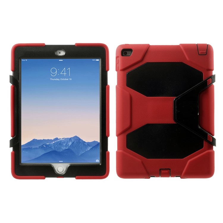 Military Duty PC + Silicone Hybrid Back Cover for iPad Air 2 w/ Kickstand - Red-1
