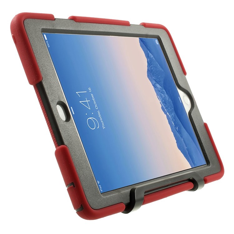 Military Duty PC + Silicone Hybrid Back Cover for iPad Air 2 w/ Kickstand - Red-2