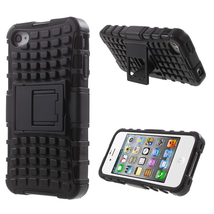 Anti-slip Grid Pattern PC + TPU Hybrid Case for iPhone 4s 4 with Kickstand - Black-1