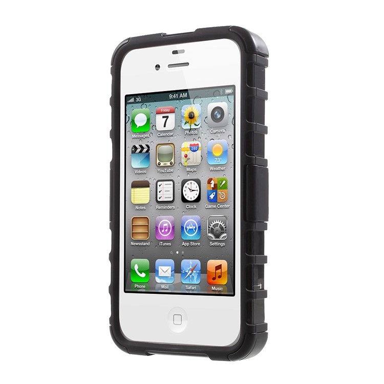 Anti-slip Grid Pattern PC + TPU Hybrid Case for iPhone 4s 4 with Kickstand - Black-2