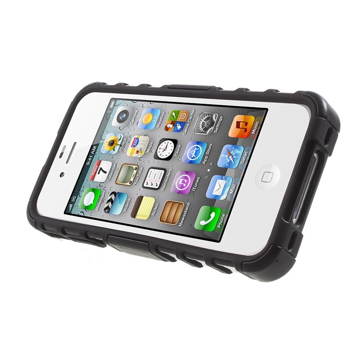 Anti-slip Grid Pattern PC + TPU Hybrid Case for iPhone 4s 4 with Kickstand - Black-3