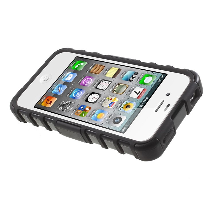 Anti-slip Grid Pattern PC + TPU Hybrid Case for iPhone 4s 4 with Kickstand - Black-5
