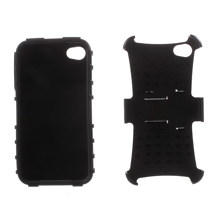 Anti-slip Grid Pattern PC + TPU Hybrid Case for iPhone 4s 4 with Kickstand - Black-6