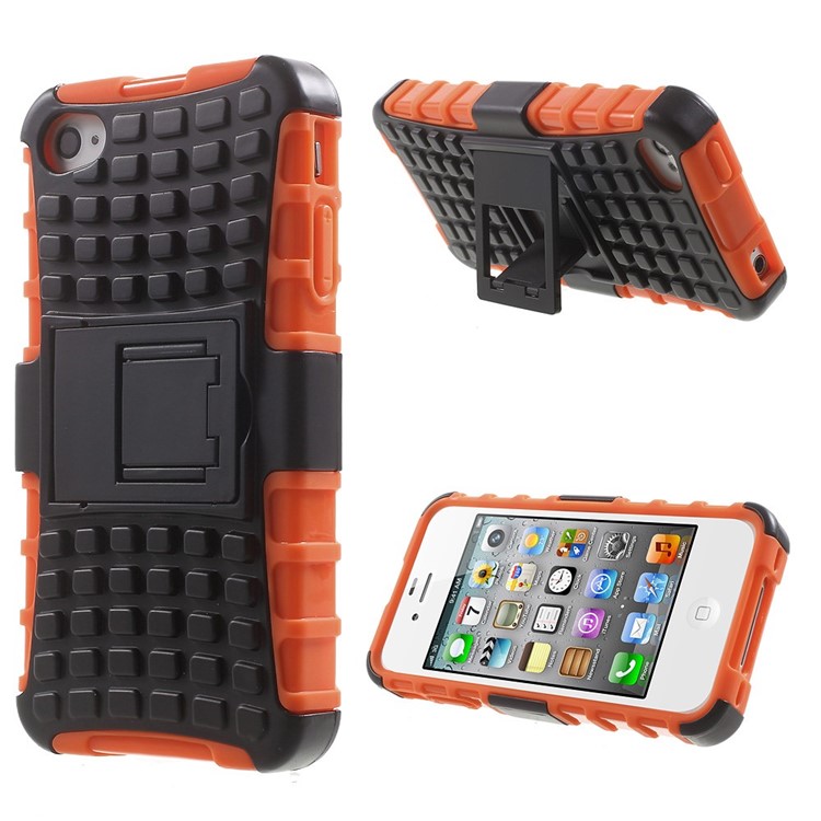 Anti-slip Grid Pattern PC + TPU Hybrid Cover Case for iPhone 4s 4 with Kickstand - Orange-1