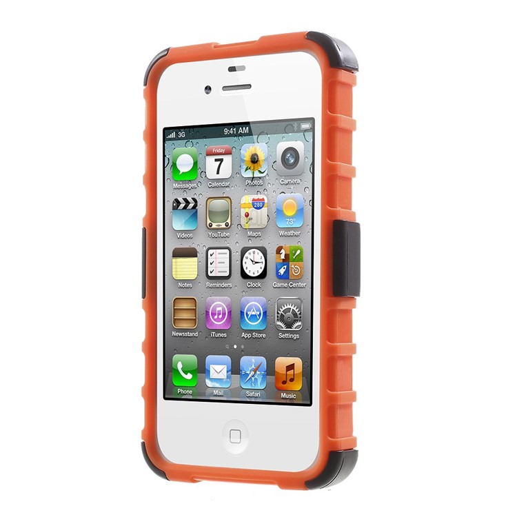 Anti-slip Grid Pattern PC + TPU Hybrid Cover Case for iPhone 4s 4 with Kickstand - Orange-2