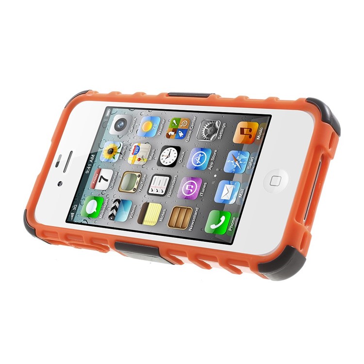Anti-slip Grid Pattern PC + TPU Hybrid Cover Case for iPhone 4s 4 with Kickstand - Orange-3