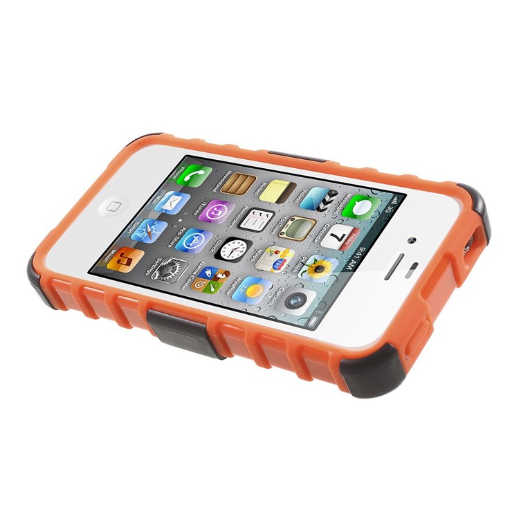Anti-slip Grid Pattern PC + TPU Hybrid Cover Case for iPhone 4s 4 with Kickstand - Orange-5