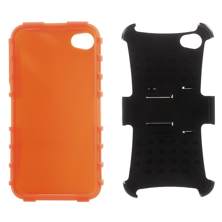 Anti-slip Grid Pattern PC + TPU Hybrid Cover Case for iPhone 4s 4 with Kickstand - Orange-6
