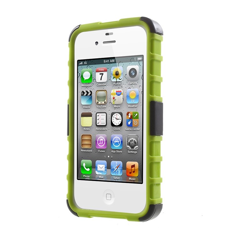 Anti-slip Grid Pattern PC + TPU Hybrid Cover for iPhone 4s 4 with Kickstand - Green-2