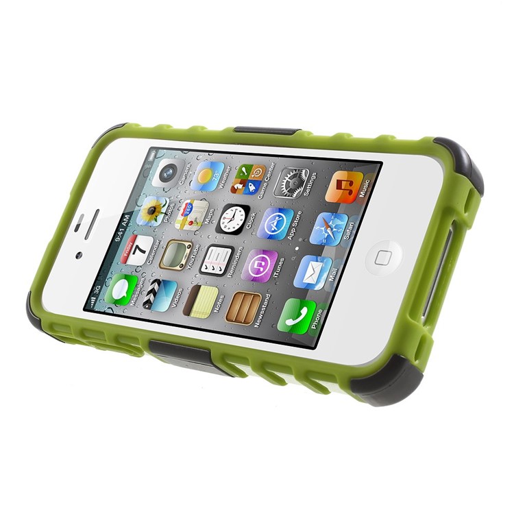 Anti-slip Grid Pattern PC + TPU Hybrid Cover for iPhone 4s 4 with Kickstand - Green-3