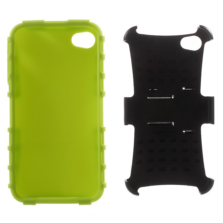 Anti-slip Grid Pattern PC + TPU Hybrid Cover for iPhone 4s 4 with Kickstand - Green-5