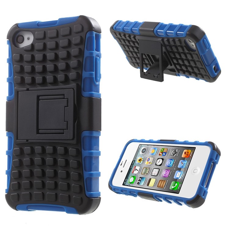 Anti-slip Grid Pattern PC + TPU Hybrid Cover for iPhone 4s 4 with Kickstand - Blue-1