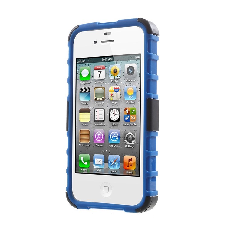 Anti-slip Grid Pattern PC + TPU Hybrid Cover for iPhone 4s 4 with Kickstand - Blue-2