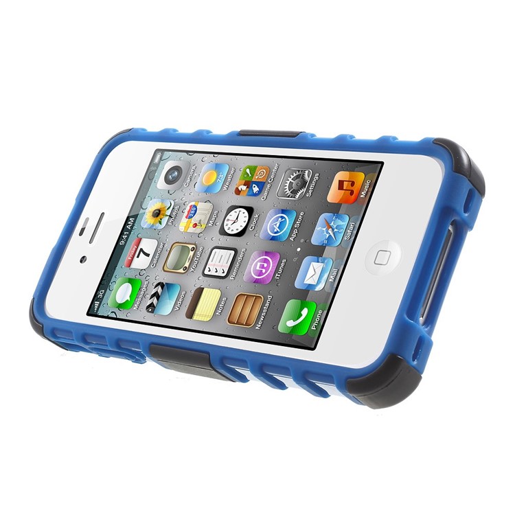Anti-slip Grid Pattern PC + TPU Hybrid Cover for iPhone 4s 4 with Kickstand - Blue-3
