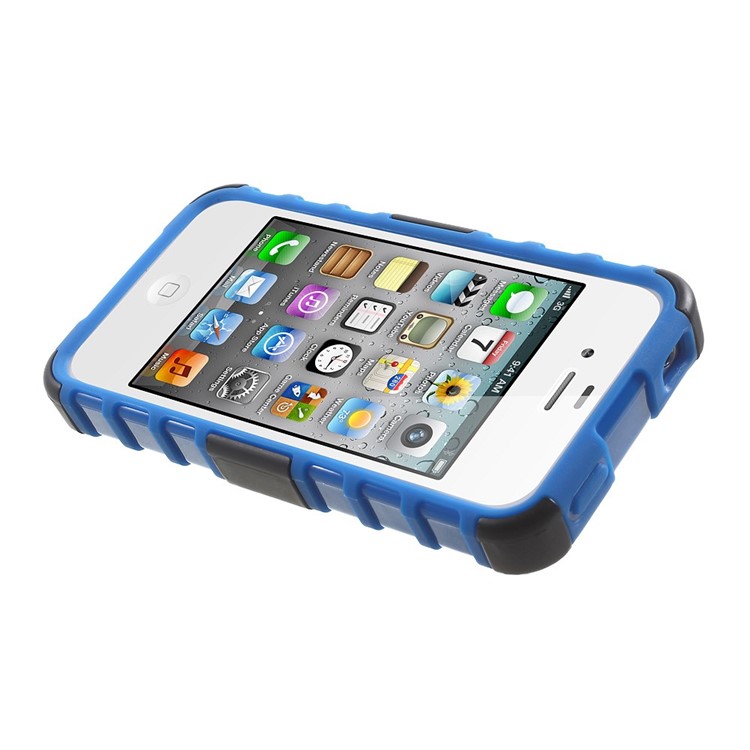 Anti-slip Grid Pattern PC + TPU Hybrid Cover for iPhone 4s 4 with Kickstand - Blue-5