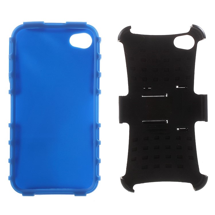 Anti-slip Grid Pattern PC + TPU Hybrid Cover for iPhone 4s 4 with Kickstand - Blue-6